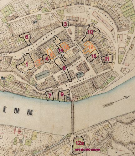 Übersicht der Wasserburger Brauereien im Jahr 1854 in der Reihenfolge ihrer Malzverarbeitungsmenge 1854, Kenntlichmachung/Einzeichnung im Vermessungsplan 1854.